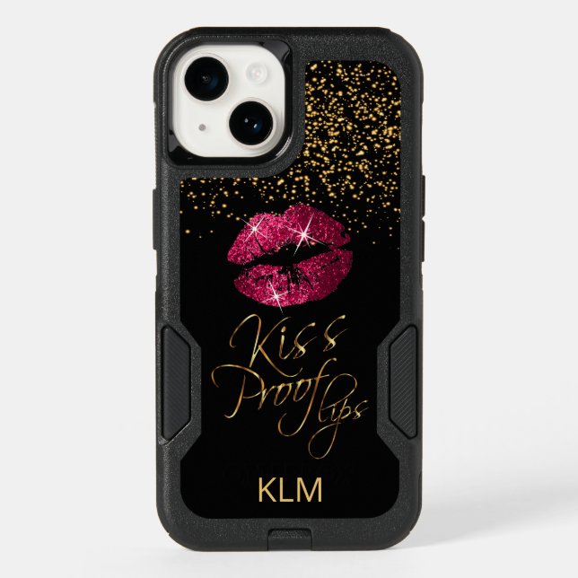 Kiss Proof with Gold Confetti & Hot Pink Lips Otterbox iPhone Case (Back)