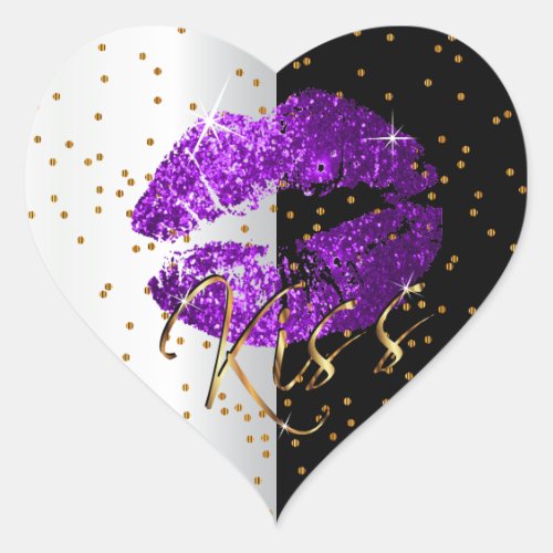 Kiss Purple and Gold Glitter Lips Heart Sticker