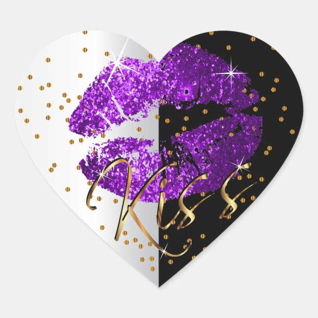 Kiss Purple and Gold Glitter Lips Heart Sticker (Front)