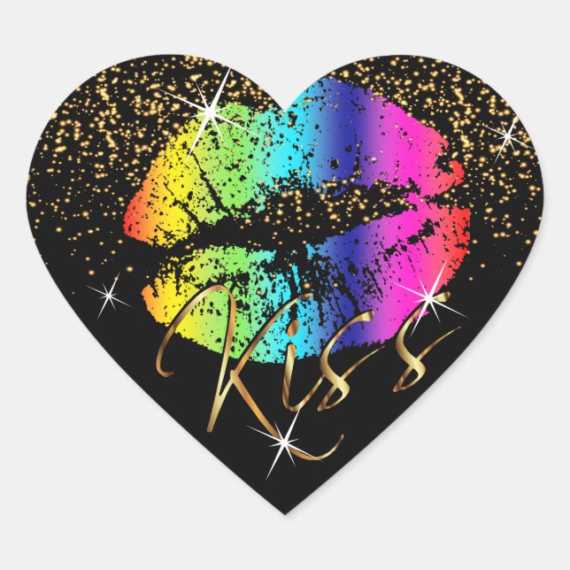 Kiss Rainbow Lips with  Gold Glitter Heart Sticker (Front)