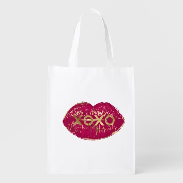 Kiss Red Lips Gold Glitter XOXO Grocery Bag (Front)