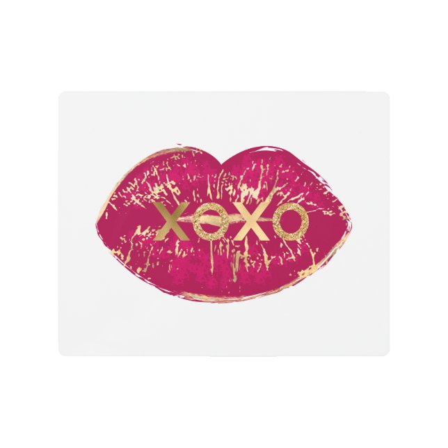 Kiss Red Lips Gold Glitter XOXO Metal Print (Front)