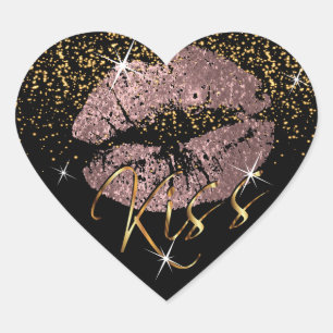 Kiss Rose Gold and Gold Glitter Lips Heart Sticker