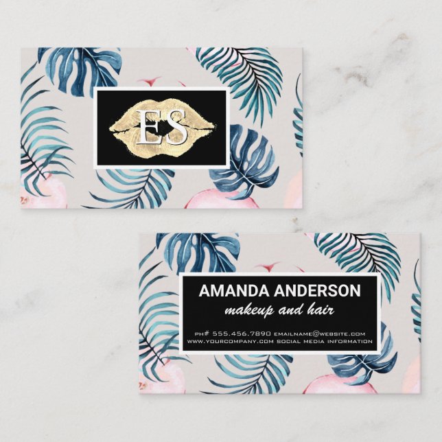 Kiss Stain | Monogram | Palm Tropical Leaves Business Card (Front/Back)