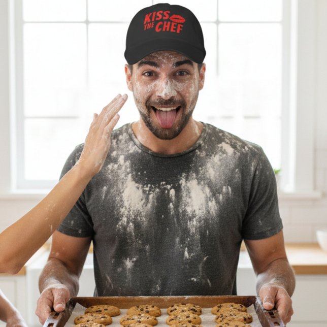 Kiss The Chef Funny Boyfriend Baseball Hat (From cookies to cakes, this hat is his new lucky charm in the kitchen. Make baking extra fun!)