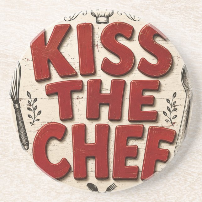 Kiss the Chef Rustic Farmhouse Kitchen Coaster (Front)