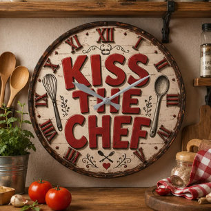 Kiss the Chef Rustic Farmhouse Kitchen Large Clock