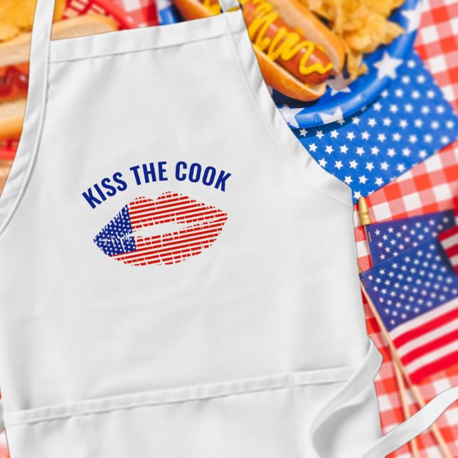 Kiss The Cook American Lips Patriotic USA Lipstick Adult Apron (Kiss the cook! A fun apron to wear at your patriotic BBQ. The cook loves kisses)
