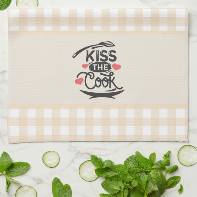 Kiss the Cook, Cream Gingham Plaid Kitchen Towel (Folded)