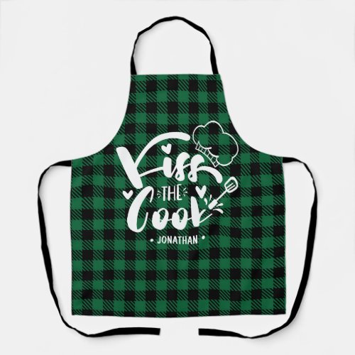 Kiss the Cook Funny Green Plaid Kitchen Apron
