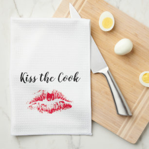 Kiss the Cook Funny Quote White Red Valentines Day Kitchen Towel
