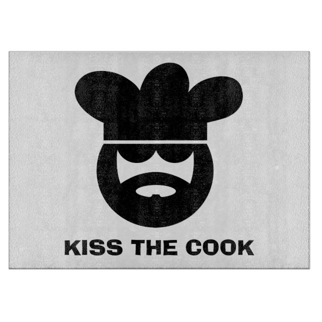 Kiss the cook glass cutting board with chef image (Front)