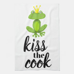 Kiss the Cook Green Frog Prince Crown Funny Kitchen Towel