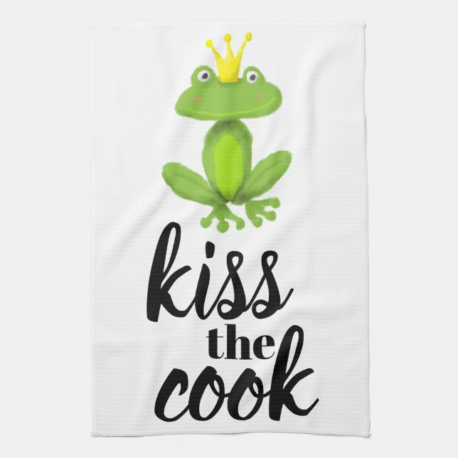 Kiss the Cook Green Frog Prince Crown Funny Kitchen Towel (Vertical)