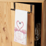 Kiss the Cook | Kissing Flamingos Kitchen Towel<br><div class="desc">This kitchen towel features two watercolored kissing pink flamingos on a pink watercolor wash background. Between the flamingos in all caps reads "Kiss the Cook" in a pink font.</div>