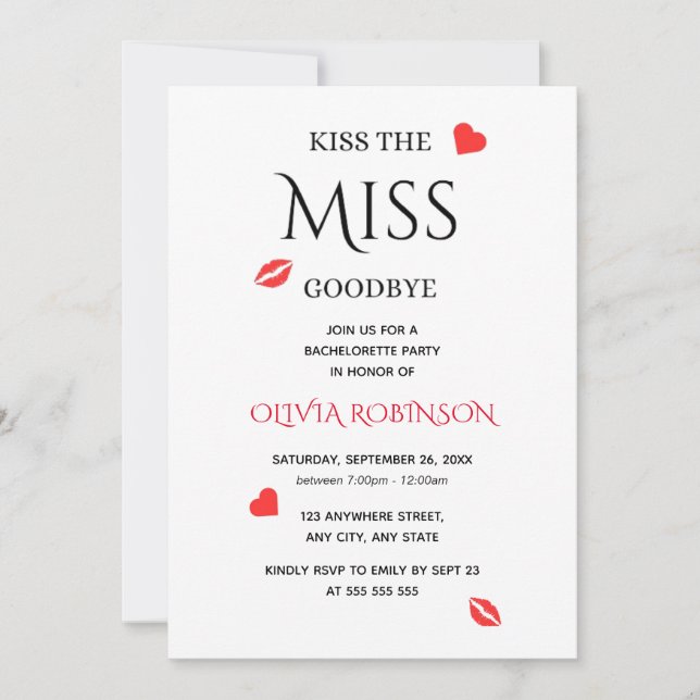 Kiss the Miss Goodbye Bachelorette Party  Invitation (Front)