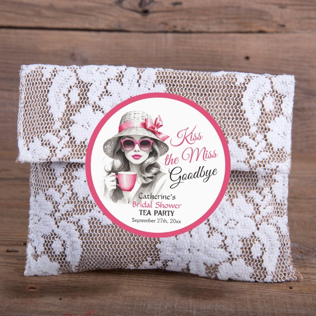 Kiss The Miss Goodbye Bridal Shower Tea Party Classic Round Sticker (Creator Uploaded)