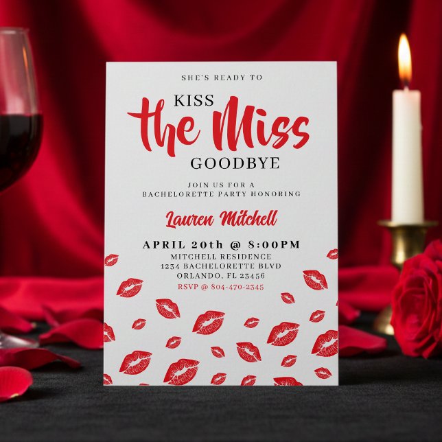 Kiss the Miss Goodbye Red Lip Bachelorette Party Invitation (Creator Uploaded)