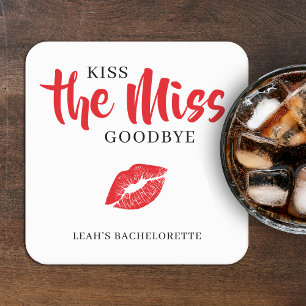 Kiss the Miss Goodbye Red Lip Bachelorette Party Square Paper Coaster