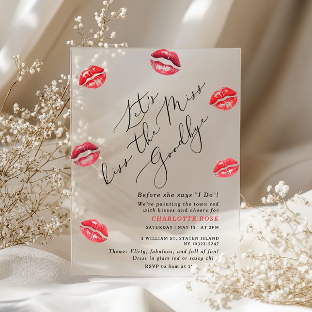 Kiss the Miss Goodbye Typography Bachelorette Acrylic Invitations (Creator Uploaded)