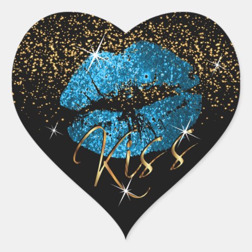 Kiss Turquoise Blue and Gold Glitter Lips Heart Sticker