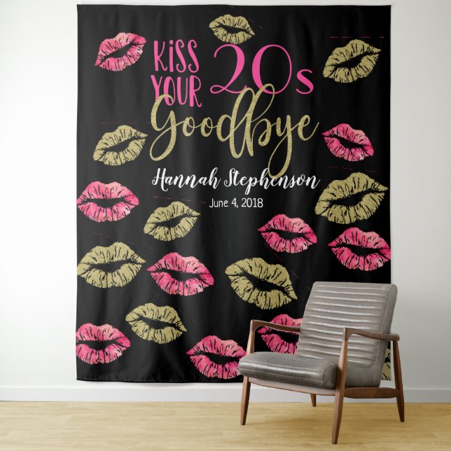 kiss your 20's goodbye photo prop virtual party tapestry (In Situ)