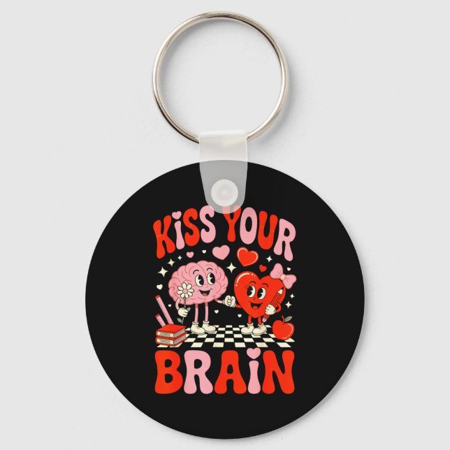 Kiss Your Brain Women Valentine's Day Retro School Keychain (Front)
