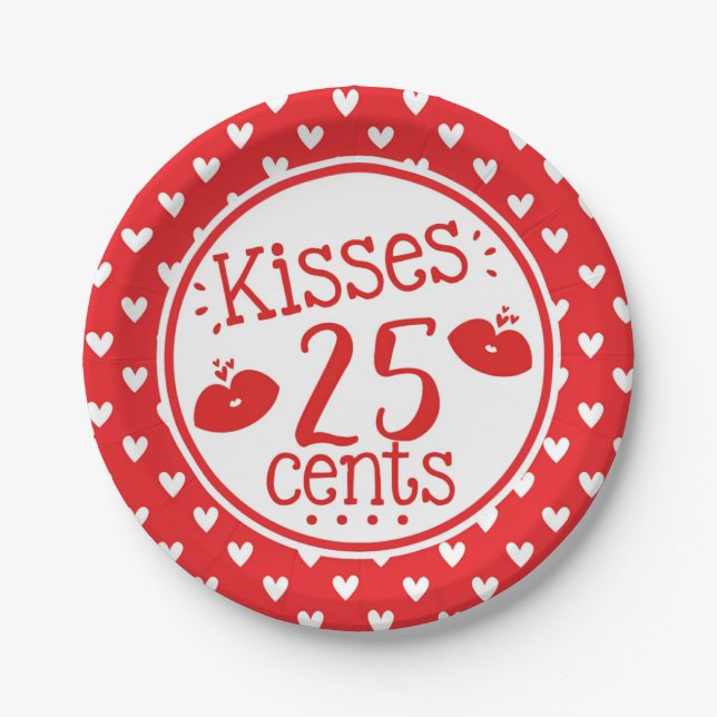 Kisses 25 cents Valentines Kids Hearts Party Paper Plates (Front)