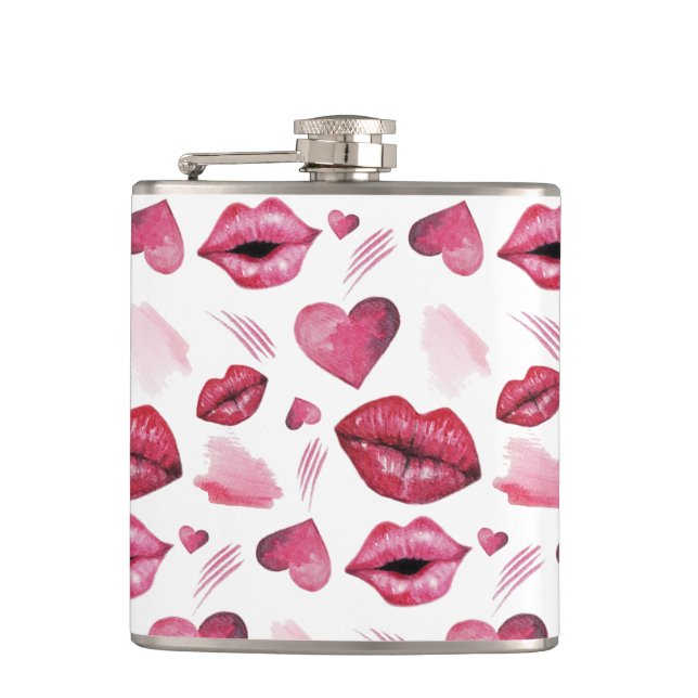 Kisses And Hearts Pattern Watercolor Flask (Front)