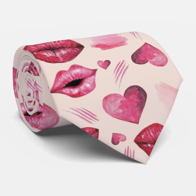 Kisses And Hearts Pattern Watercolor Neck Tie (Rolled)