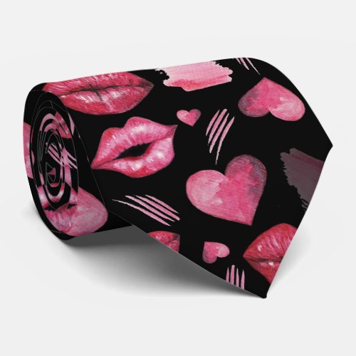 Kisses And Hearts Pattern Watercolor Neck Tie