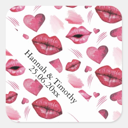 Kisses And Hearts Pattern Watercolor Square Sticker