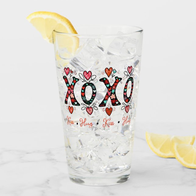 Kisses and Hugs doodle art Valentine Glass (Front Ice)