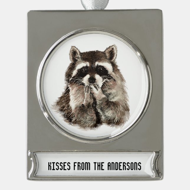 Kisses from Custom Name Fun Raccoon Animal art Silver Plated Banner Ornament (Front)