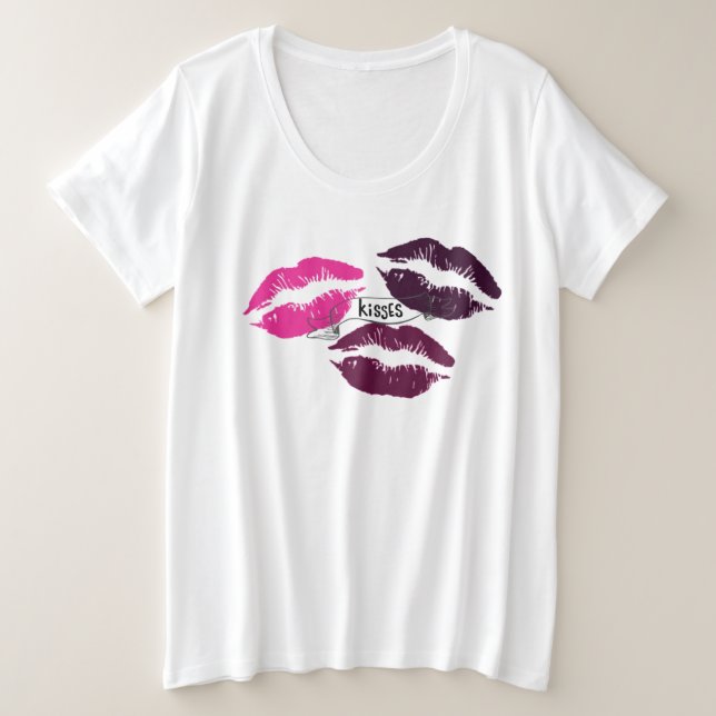 Kisses Hot Pink Purple Lips Graphic Plus Size T-Shirt (Design Front)