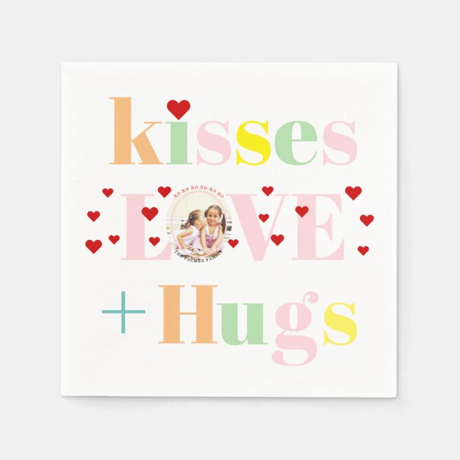 Kisses, love, hugs typography photo Valentines Day Napkins (Front)
