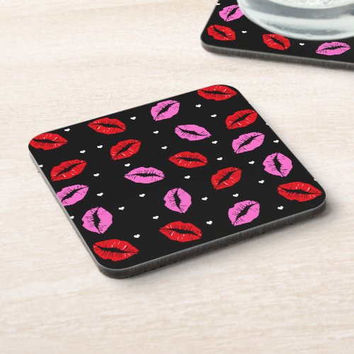 Kisses Pink Red Hearts Plastic Coasters Set 6 BLK