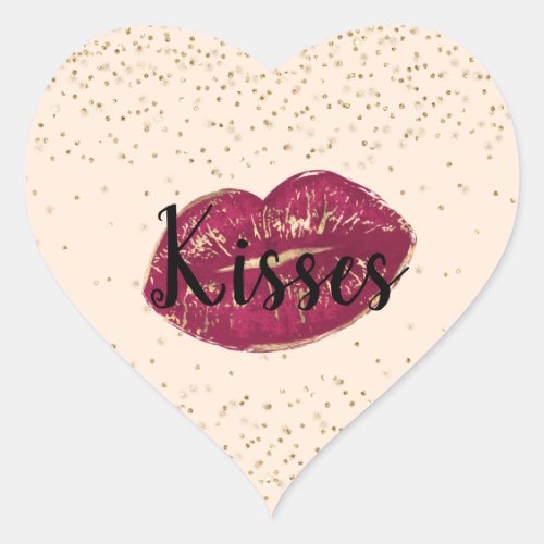 Kisses Red Gold Lips Confetti Sparkle Heart Sticker