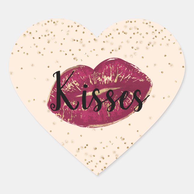 Kisses Red Gold Lips Confetti Sparkle Heart Sticker (Front)