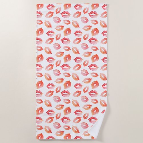 Kisses Red Lips Watercolor Beach Towel