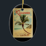 Kissimmee Palm Tree Vintage Travel Ceramic Ornament<br><div class="desc">A uniquely retro mid-century modern Kissimmee Florida art print in vintage travel poster style. It features a curved palm tree on sandy beach with ocean under a blue cloudy sky.</div>