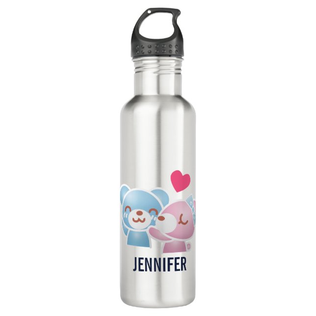 Kissing Bears Cute and Kawaii Stainless Steel Water Bottle (Front)