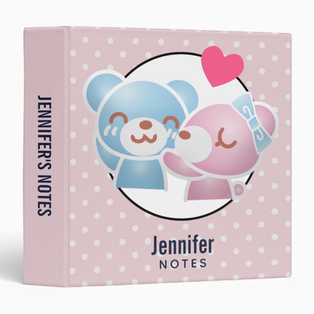 KIssing Bears on Polka Dots Cute and Kawaii 3 Ring Binder (Front/Spine)
