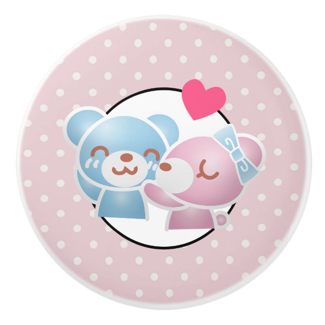 KIssing Bears on Polka Dots Cute and Kawaii Ceramic Knob (Front)