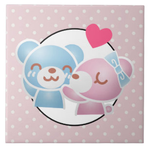 KIssing Bears on Polka Dots Cute and Kawaii Ceramic Tile