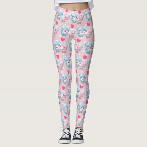 KIssing Bears on Polka Dots Cute and Kawaii Leggings