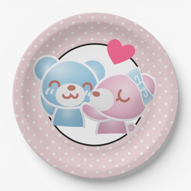 KIssing Bears on Polka Dots Cute and Kawaii Paper Plates (Front)