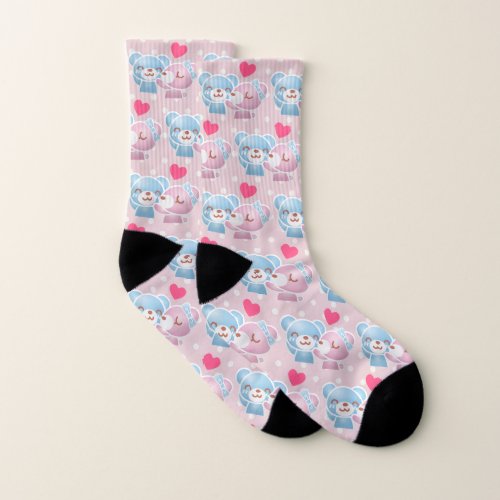 KIssing Bears on Polka Dots Cute and Kawaii Socks