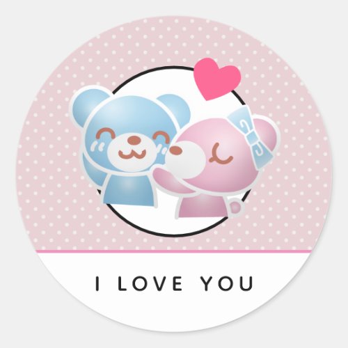 Kissing Bears Pattern on Polka Dots Classic Round Sticker