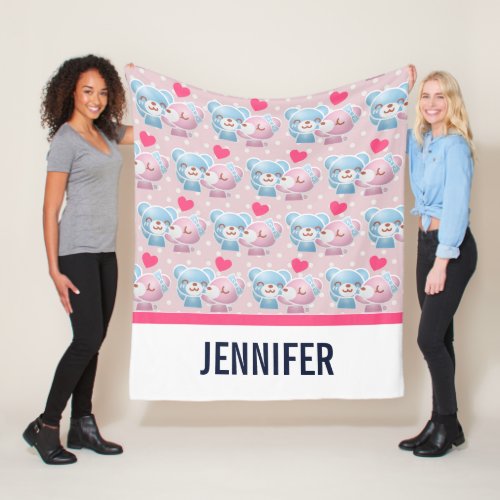 Kissing Bears Pattern on Polka Dots Fleece Blanket